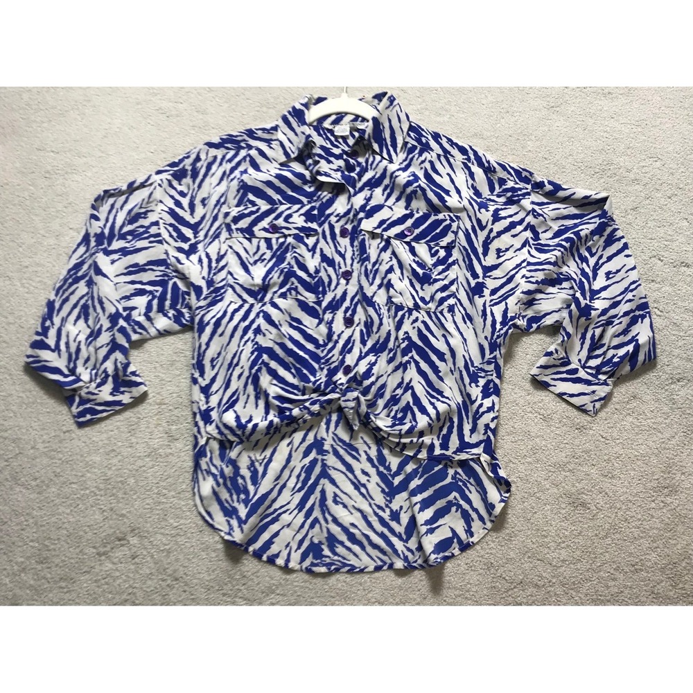 Eleanor P Brenner 100% Silk Sz Med Womens White &‎ Dark Blue Long Sleeve Blouse
